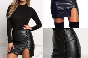 Sexy Black Lace Up PU Leather Skirts Springn Womens Side Slit .