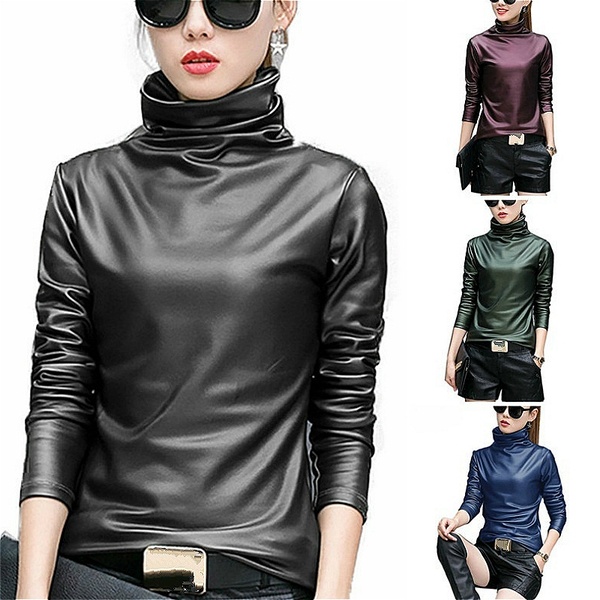 Womens Fashion Leather Tops Sexy Long Sleeve T-shirts Thickened PU .