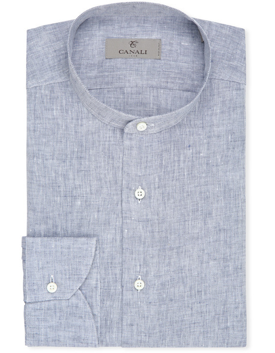 Blue pure linen shirt with Mandarin collar | Canali.c