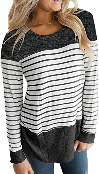 Vemvan Womens Long Sleeve Round Neck T Shirts Color Block Striped .