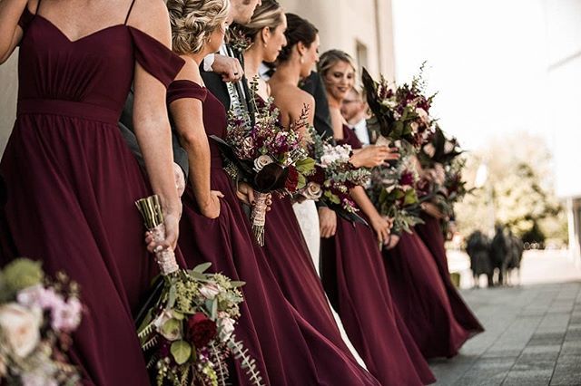 Burgundy beauties in their @KennedyBlueOfficial bridesmaids gowns .