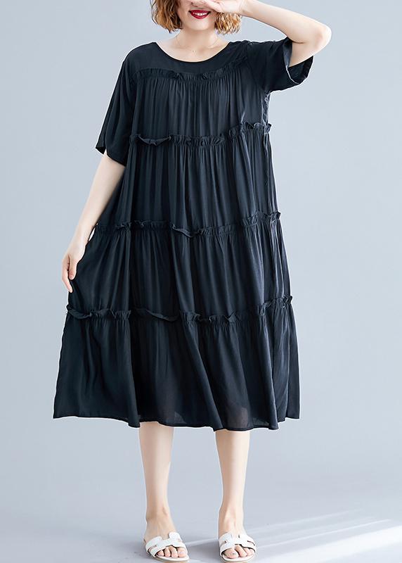 Modern black cotton Tunics o neck wrinkled Maxi summer Dress .