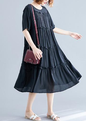 Modern black cotton Tunics o neck wrinkled Maxi summer Dress .