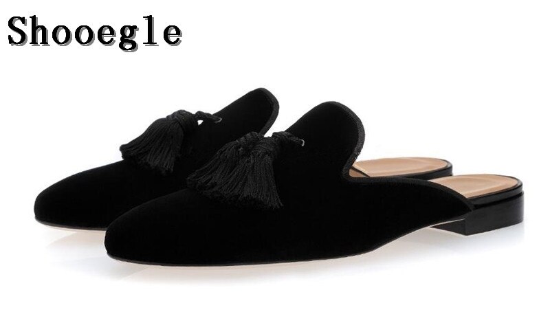 SHOOEGLE Men Slip On Flats Suede Handmade Shoes Casual Tassel .