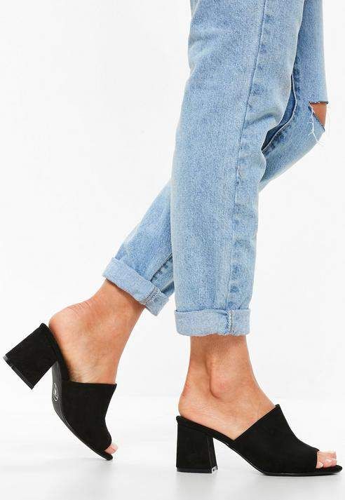 Missguided Black Faux Suede Mid Flared Heel Peep Toe Mules | Peep .