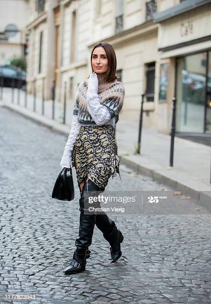 Geraldine Boublil seen wearing cropped knit, skirt, overknees .