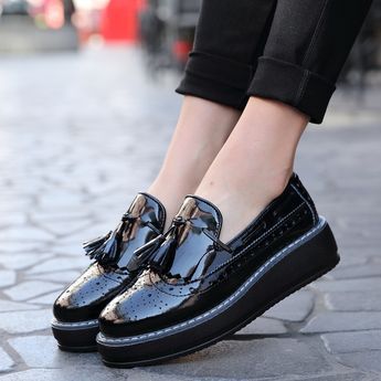 High Quality women Oxford Flats Platform shoes Patent Leather .