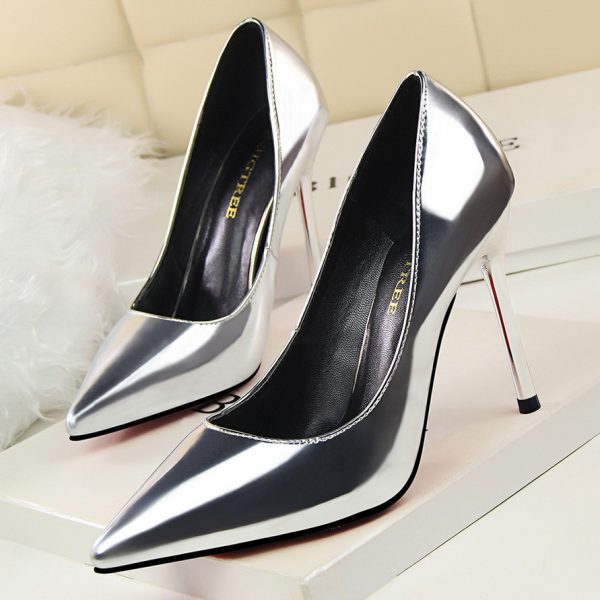 Silver Patent Leather High Heel Pumps Shoes - Heels
