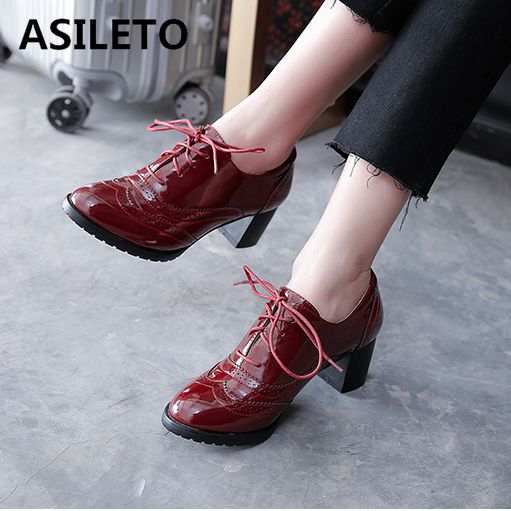 ASILETO womens Oxford shoes brogues Patent leather pumps chunky .