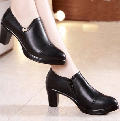 Office High Heel Elegant Leather Black Women Pumps Platform Shoes .