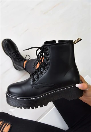 Chunky Platform Lace Up Ankle Boots - Black PU | AJ | VOYAGE .