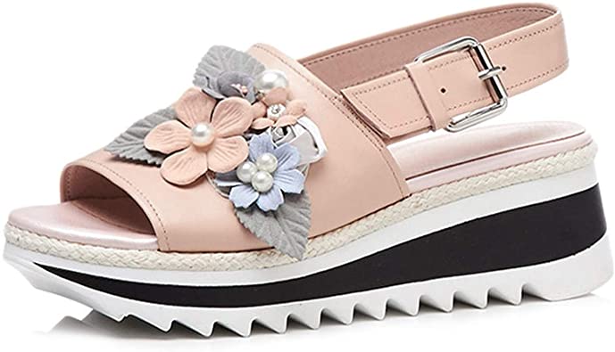 Amazon.com | Cow Leather Wedge Sandals Women Sweet Flower Pearl .