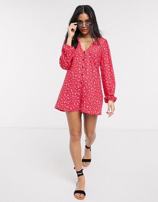 ASOS DESIGN long sleeve tea playsuit in red floral print | AS