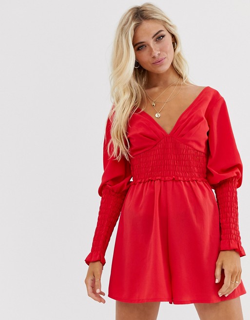 ASOS DESIGN shirred waist and sleeve long sleeve v neck playsuit .