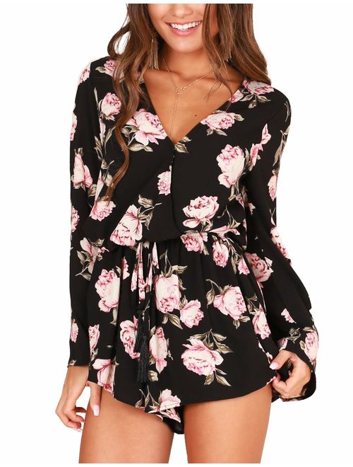 Relipop Women's Floral Print Long Sleeves Short Romper Playsuit .