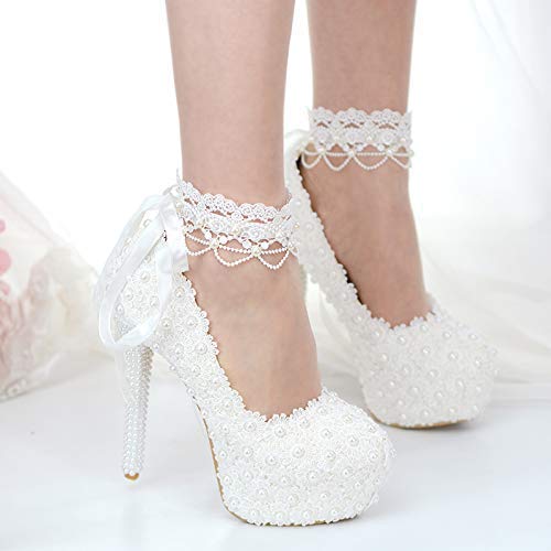 Amazon.com: Plus size high heel white pearls wedding shoes woman .