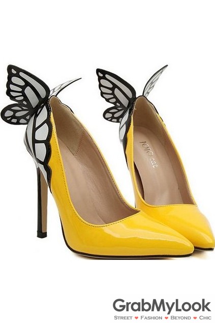 Yellow Patent Leather Butterfly Back Stiletto High Heels Women .