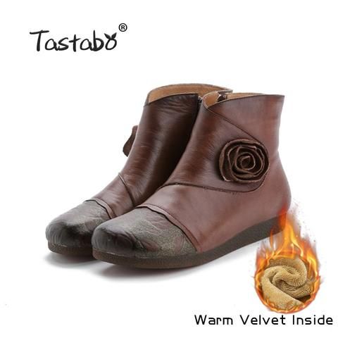 Tastabo Flower Handmade Ankle Boots With Fur Retro Boots Shoes .