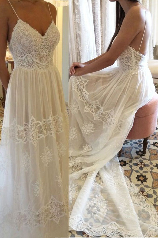 Romantic Straps Lace Long Boho Wedding Dre