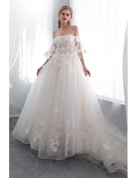 Romantic Ballroom Floral Wedding Dress With Off Shoulder Flare .