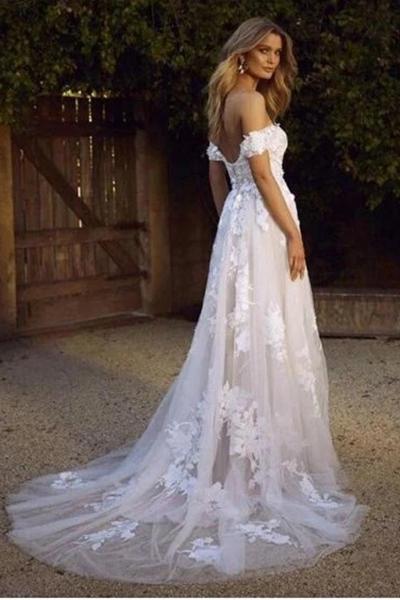 White Off Shoulder Tulle Lace Appliqued Beach Wedding Dress .