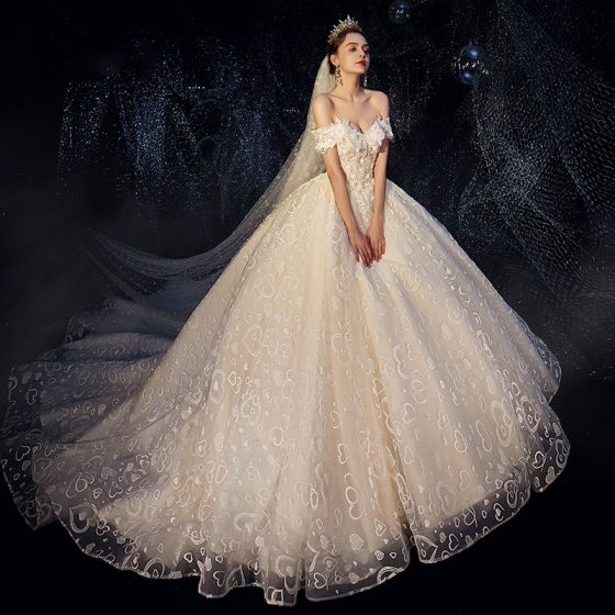 Romantic Champagne Wedding Dresses 2019 Ball Gown Off-The-Shoulder .