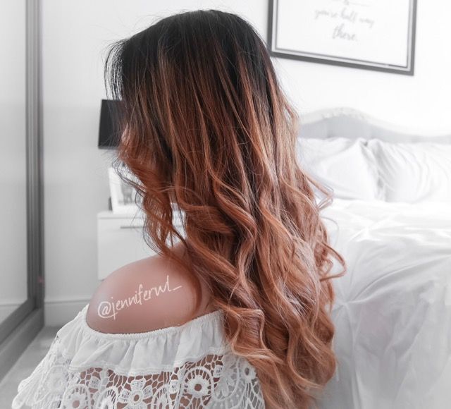 Curly Rose Gold Balayage Ombré on dark, Asian hair. For more hair .