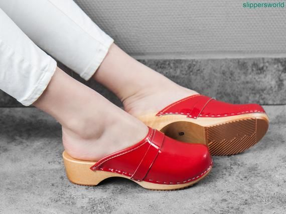 Red leather clogs for women, Ruby sandals with wooden soles .