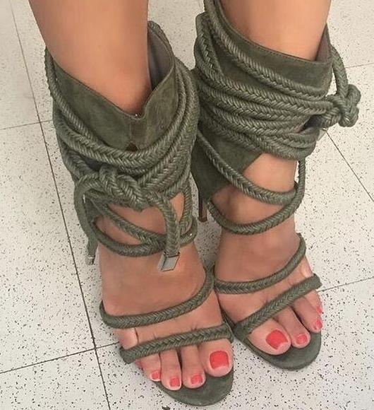 Sestito Woman Fashion Rope Lace-up Gladiator Army Green Sandals .