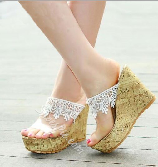 Cute Lace Wedge Heels Platform Girl Sandals Slippers- Shoespie.c