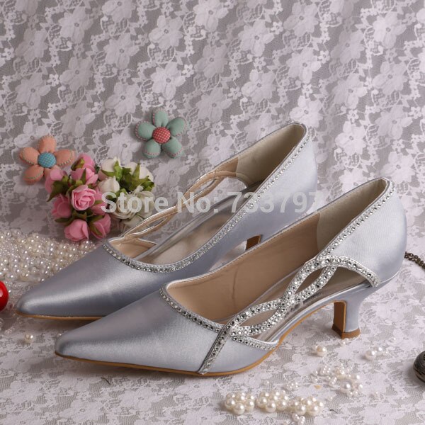 Special Design Pointed Toe Shoes Wedding Ladies Silver Satin Shoes .
