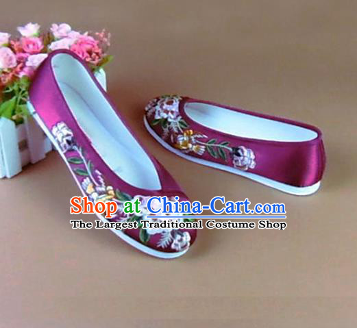 Asian Chinese National Embroidered Peony Purple Shoes Ancient .