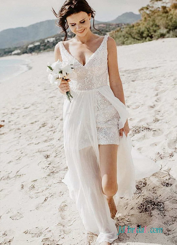 H0538 Sexy v neckline short lace summer wedding dress