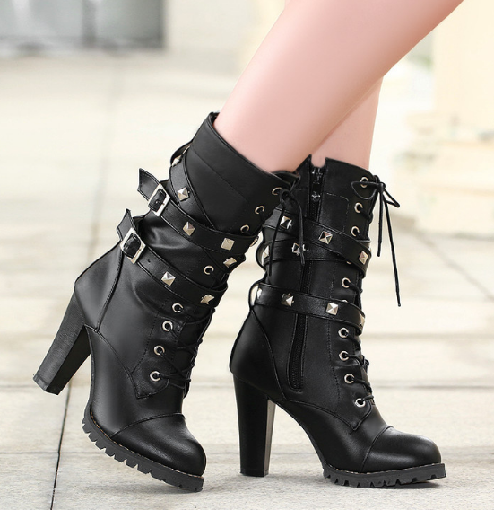 Round Toe Mid Calf Boots Zipper Lace Up Motorcycle Boots Women .