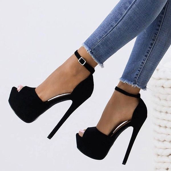 Black High Heel Sandals Peep Toe Platform Stilettos#shoes#Sandals .
