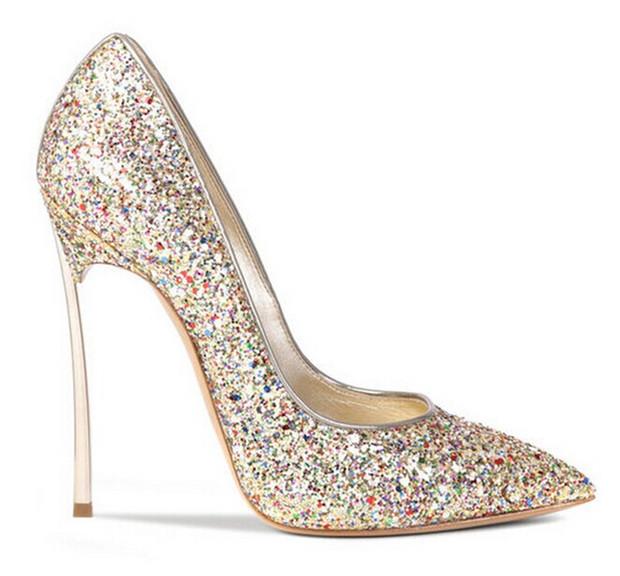 Style Metal High Heels Pointed Toe Women Glitter Wedding Shoes .