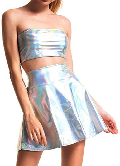 Bling Silver Holographic Women Strapless Tops Mini Skirts Two .