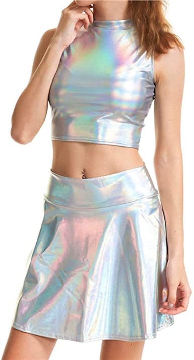 Women Holographic Strapless Tops Mini Skirts Turtleneck Top Skirt .