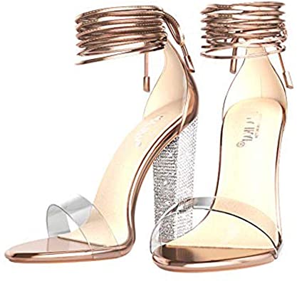 Amazon.com | LALA IKAI Rose Gold Clear Block Heels Sandals for .