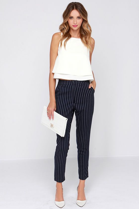 Sunday Girl Navy Blue Striped Pants | Stripe pants outfit, Fashion .
