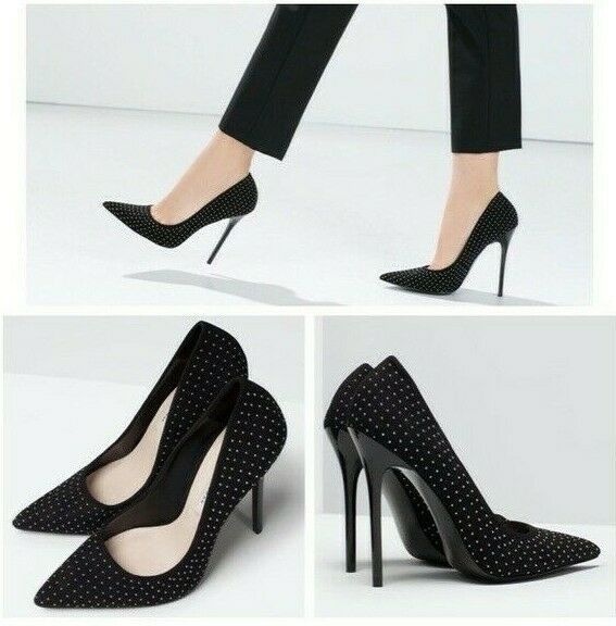 Zara Women's Black High Heel Velvet Studded Pumps Heels Saint .