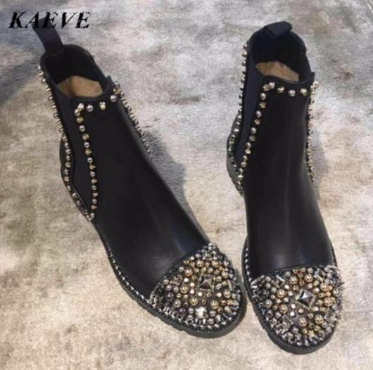 2018 New Women Chunky High Heels Winter Studded Shoes Short Boots .