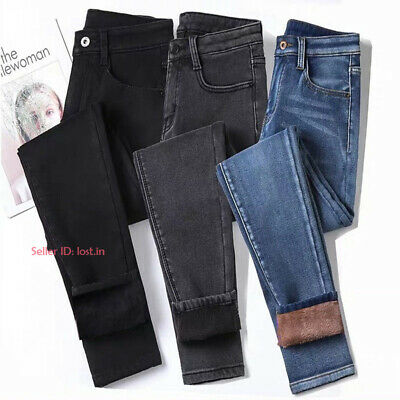 Womens High Waist Thermal Jeans Fleece Lined Denim Pant Stretchy .