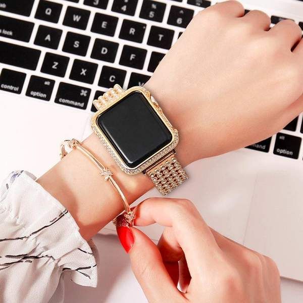 Apple Watch case bezel cover, 18kt gold bling lab diamond look .