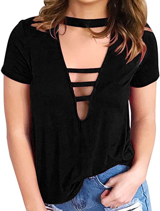 Amazon.com: TLOOWY Women's Sexy Tops Choker V Neck Shirts Loose .