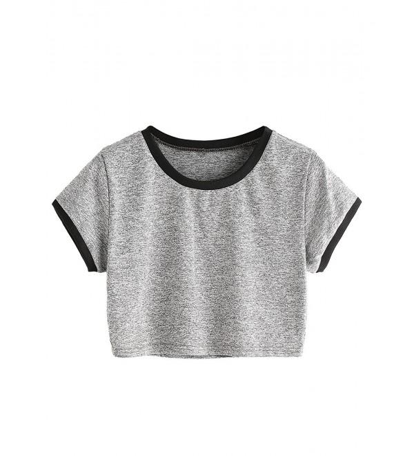 Women's Short Sleeve Striped Crop T-Shirt Casual Tee Tops - Grey .