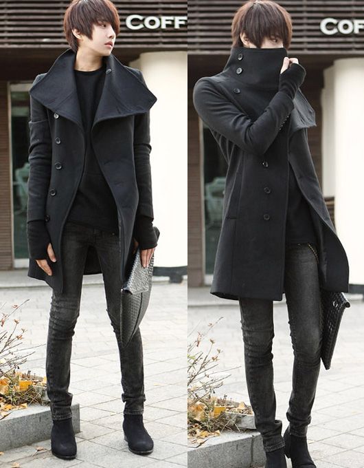 Men's Stylish Korean Style Lapel Black Long Winter Handsome Coat .