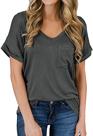 MIHOLL Women's Short Sleeve V-Neck Shirts Loose Casual Tee T-Shirt .