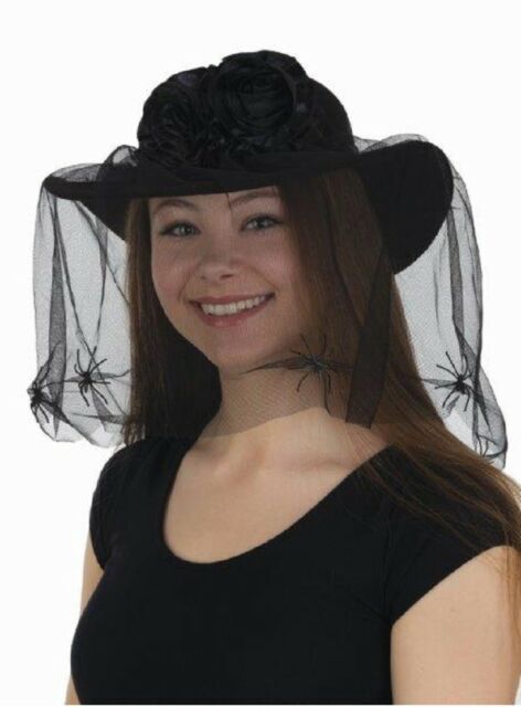 Black Widow Hat With Veil & Spiders Flowers Women's Halloween .