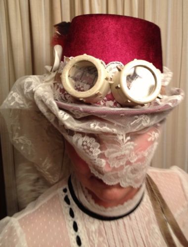 Hat Steampunk Cream Lace Veil Burgandy Millanary Magnifier Goggles .